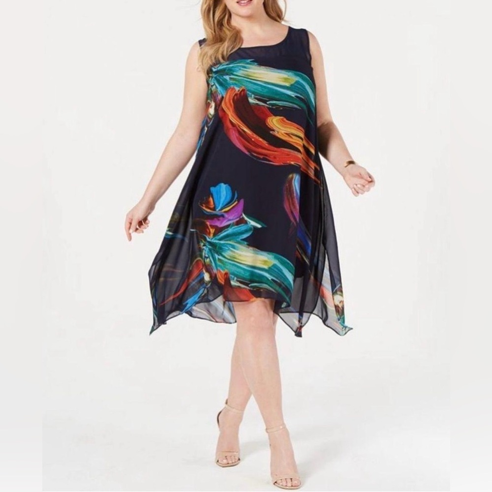 Signature by Robbie Bee Watercolor Asymmetrical Sleeveless Dress 16W Black